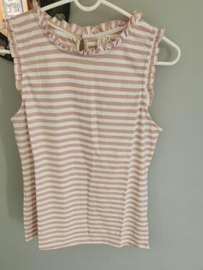 Hayden Women's Large Pink and White Striped Ruffle Tank Top